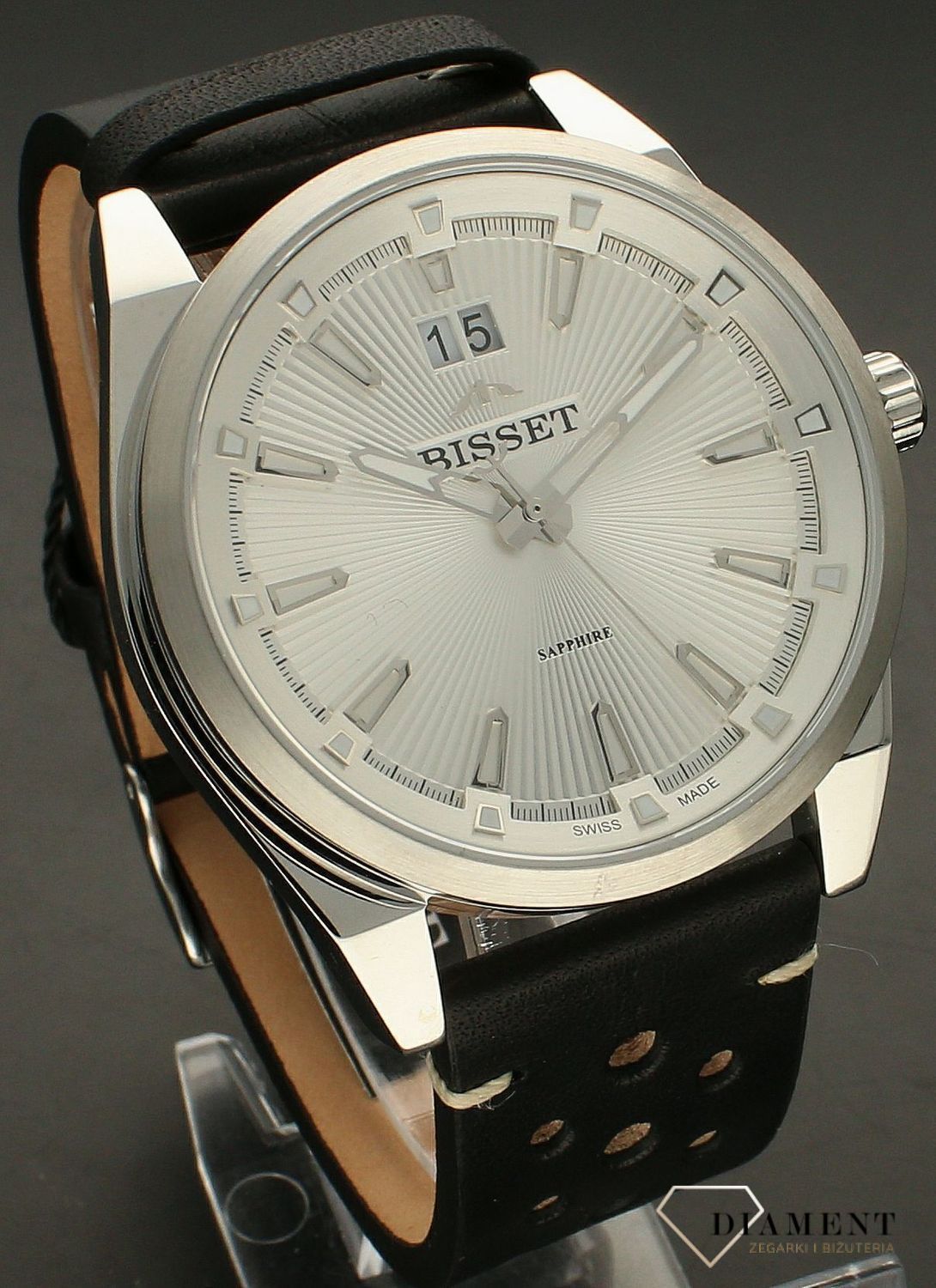 Zegarek męski Bisset na czarnym pasku BSCF40 srebrny. Zegarek męski Bisset. Męski zegarek z szafirem. Męski zegarek Bisset na czarnym pasku. Zegarek męski Bisset idealny na prezent..jpg